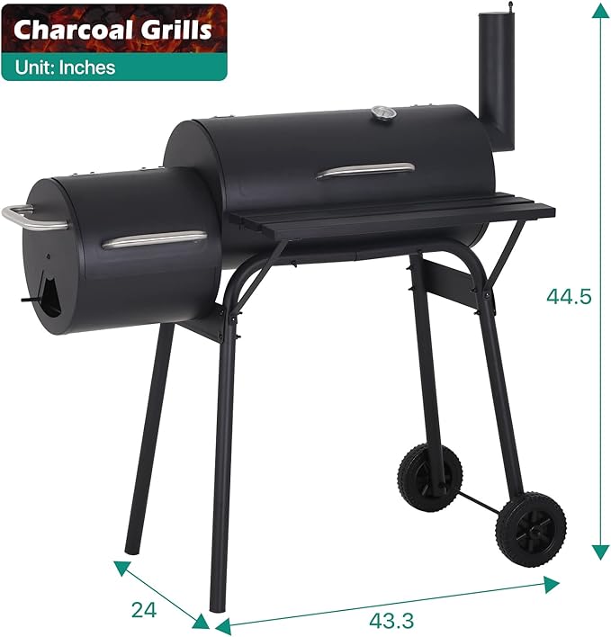 Charcoal Grills 43 Inch Outdoor BBQ Grill Portable Camping Grill Charcoal Smoker with Wheels for 6-10 People Outdoor Camping, Picnics, Patio and Backyard Cooking, Black