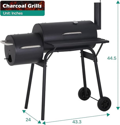 Charcoal Grills 43 Inch Outdoor BBQ Grill Portable Camping Grill Charcoal Smoker with Wheels for 6-10 People Outdoor Camping, Picnics, Patio and Backyard Cooking, Black