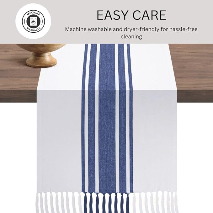 Table Runner 100% Cotton 14x72 Inch - Soft Durable Washable, for Parties Holidays Weddings Kitchen and Everyday Use - 72 Inches Long Farmhouse Rustic Table Runner Blue