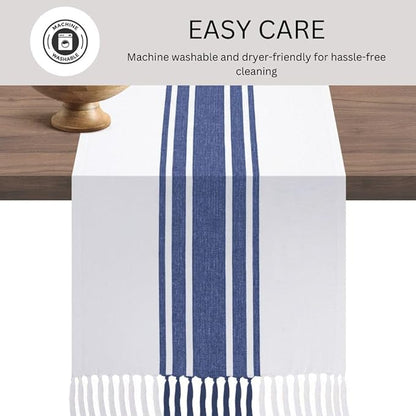 Table Runner 90 Inches Long 100% Cotton - Farmhouse Table Runners for Everyday Use Weddings Parties BBQ's Holidays - 14x90 Inch Rustic Vintage Dining Table Runner Blue