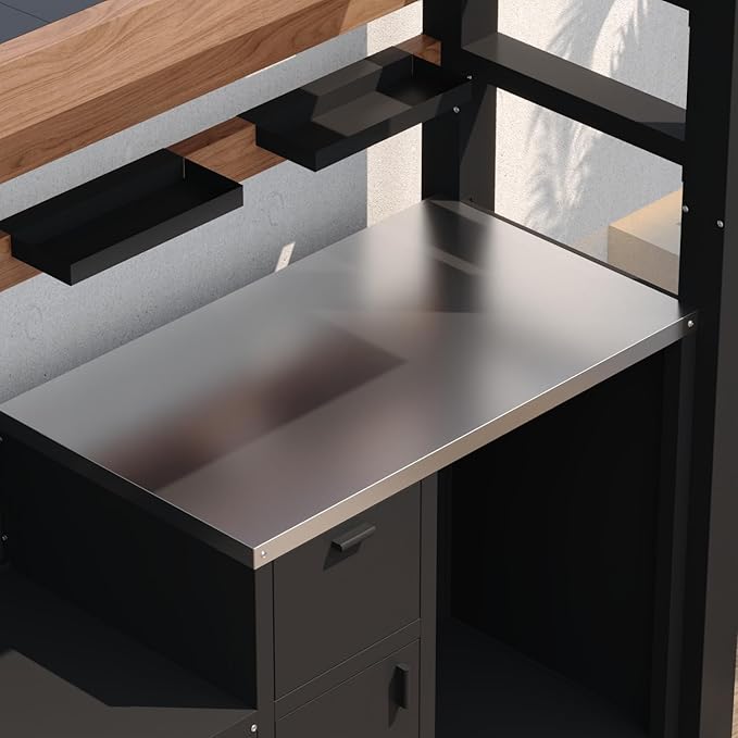 8.6'W Full Steel Outdoor Kitchen Cabinet, Patio Kitchen Island with Galvanized-Steel Roof and Stainless-Steel Countertop, BBQ Grill Station Bar Table with Storage