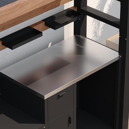 8.6'W Full Steel Outdoor Kitchen Cabinet, Patio Kitchen Island with Galvanized-Steel Roof and Stainless-Steel Countertop, BBQ Grill Station Bar Table with Storage