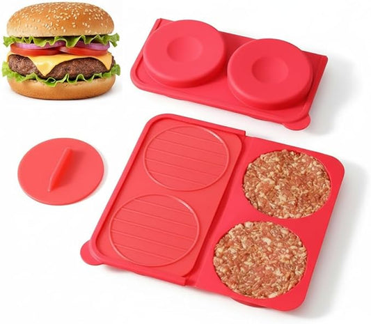 AUOON Silicone Burger Press for 4.5" 1/4-1/3 lb Patties - 4 in 1 Hamburger Press Patty Maker for Kitchen BBQ, Non-Stick Burger Patty Mold for Beef Veggie, Dishwasher Safe & Freezer Storage (Red)
