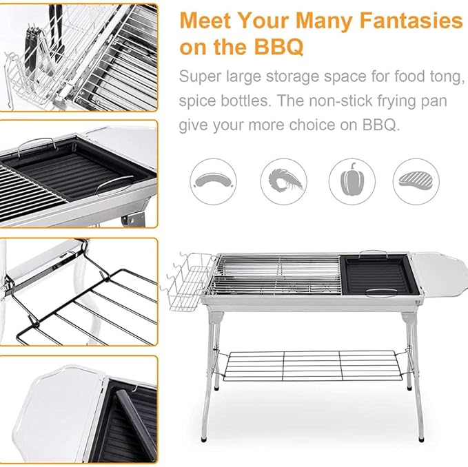 BBQ Grill, Stainless Steel Barbecue Grill Smoker Charcoal BBQ, Folding Portable BBQ for 5-10 Persons Family Garden Outdoor Cooking Hiking Picnics Camping Barbecue Party