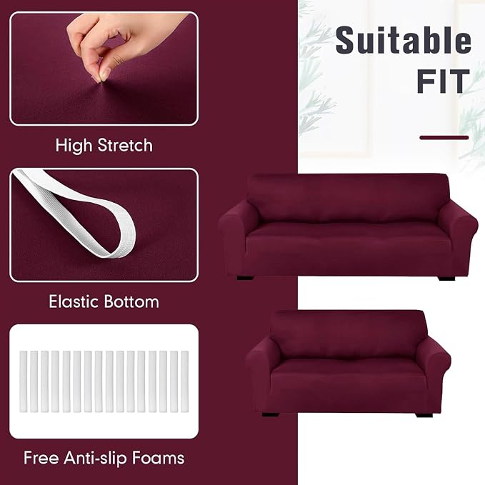 Peryiter 2 Pcs Couch and Loveseat Sofa Covers,Burgundy,Milk Silk | Armchair Covers for Living Room, Sofa Cushion Slipcover 2/3 Seater, Furniture Protector, Polyester and Spandex, Washable