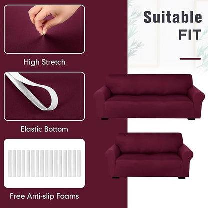 Peryiter 2 Pcs Couch and Loveseat Sofa Covers,Burgundy,Milk Silk | Armchair Covers for Living Room, Sofa Cushion Slipcover 2/3 Seater, Furniture Protector, Polyester and Spandex, Washable
