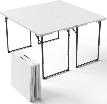 2 Pack Folding Table, 4FT Foldable Picnic Table with Adjustable Height, Heavy Duty Fold-in-Half Portable Table for Weddings, Camping, RV Travel, Parties, BBQs, and Indoor Use, Easy to Fold and Store