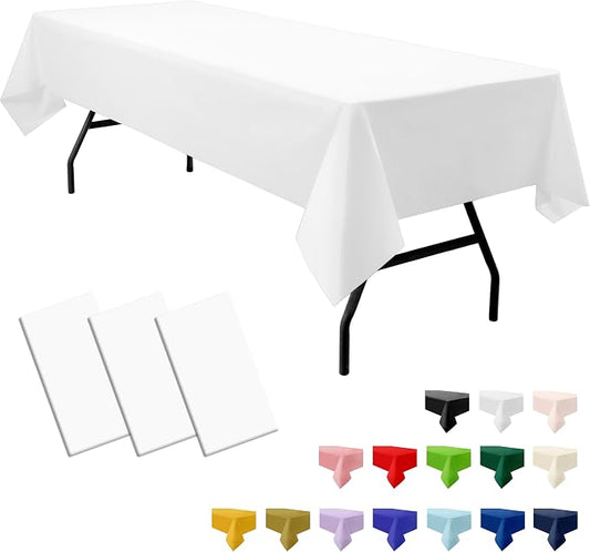 3-Pack Premium Plastic White Tablecloth Disposable 54" x 108" Rectangle Table Cover Party PEVA Table Cloths for Parties Birthday Wedding Engagement Banquet Fits up to 8 ft Long Tables