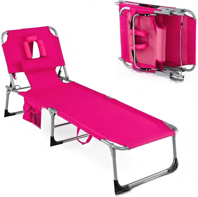 GYMAX Tanning Chair, Folding Lounger with Face/Arm Holes, Carry Handles & Side Pocket, Portable Lightweight Layout Beach Chair for Outdoor/Indoor, Face Down Sun Lounger (1, Pink)