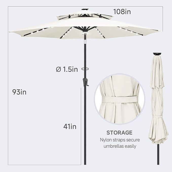 FLAME&SHADE Solar Patio Umbrella with Centre Light, 9FT 2 Tiers, Ivory | 40 LED Lights, UV Protection, Solar Outdoor Umbrella for Porch, Deck, Backyard, Garden, Provides Evening Lighting