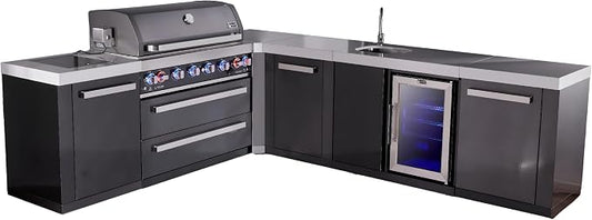 Mont Alpi 94"W x 113"D L-shaped Black Stainless Steel Outdoor Kitchen Island with Fridge + Faucet & Sink + 44"W 6-Burner BBQ Grill + Granite Countertops + Storage + Chopping Board + Rotisserie + Cover