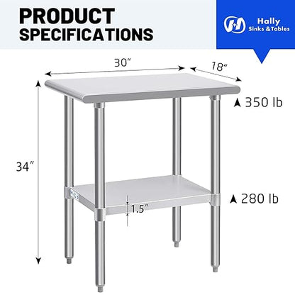 Hally Stainless Steel Table for Prep & Work 30 x 18 Inches, NSF Commercial Heavy Duty Table with Undershelf and Galvanized Legs for Restaurant, Home and Hotel