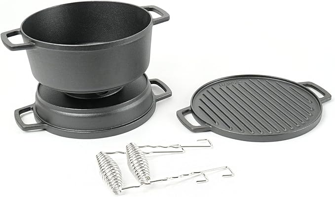 HAWOK 5 piece Stove Set, Pre-Seasoned Cast Iron Charcoal Grill Stove with 4QT Dutch Oven, with Multipurpose Lid, Five-Leg Buffet Tray, Multipurpose BBQ Stove Set