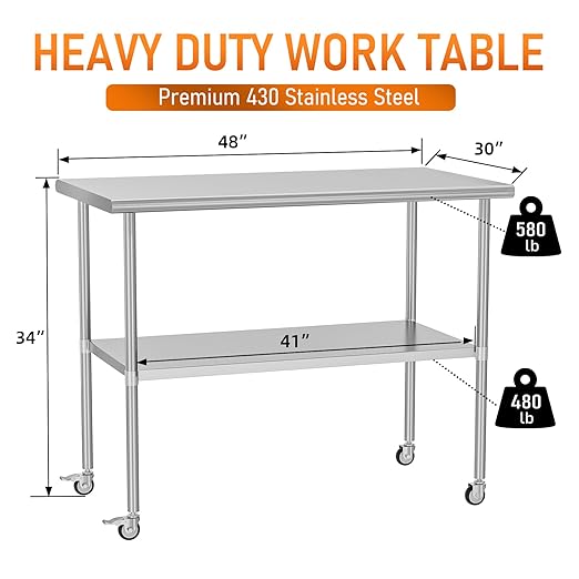 Stainless Steel Table with Wheels 30" x 48" Utility Worktable with Adjustable Undershelf for Commercial Kitchen, Garage, Restaurant