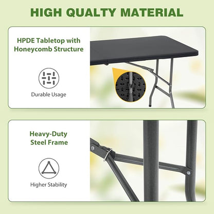PayLessHere 6ft Folding Tables,Plastic Resin Table with Collapsible Alloy Steel Frame,Plastic Table for Indoor,Outdoor,Camping,BBQ,Picnic,Black