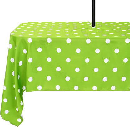 Poise3EHome Outdoor Tablecloth Rectangle with Umbrella Hole Waterproof Green and White Tablecloth for Spring Picnic Party Patio Table Camping, Green Polka Dot (52X70 Zipper)