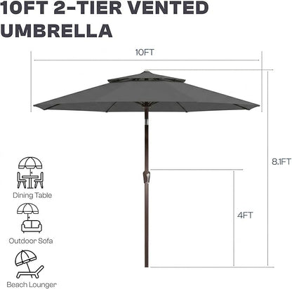 Outdoor Patio Umbrella, 2 Tiers Market Table Umbrella with 8 Sturdy Ribs, Push Button Tilt and Crank, UPF50+ UV Protection for Deck, Pool, Garden and Backyard