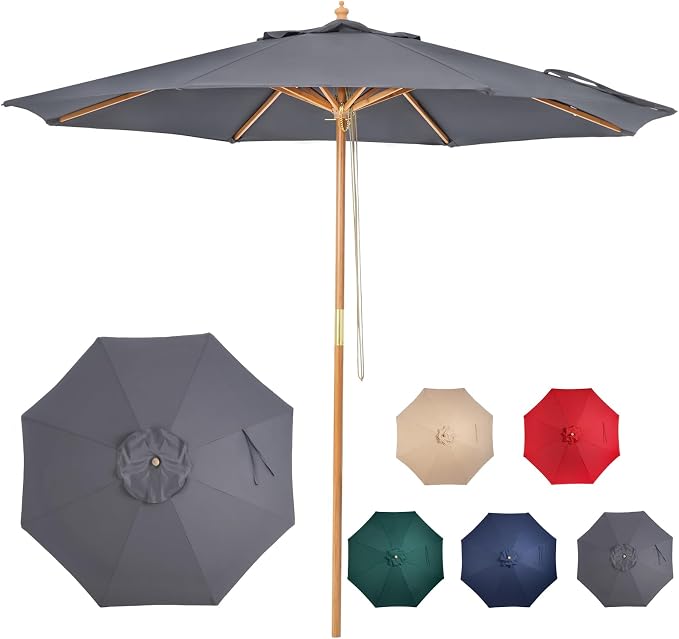 9ft Wooden Umbrella, Outdoor Patio Umbrella, Wood Market Umbrella, Patio Umbrella Wood Pole with Pulley Lift for Garden, Yard, Deck, Pool, Market