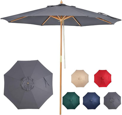 9ft Wooden Umbrella, Outdoor Patio Umbrella, Wood Market Umbrella, Patio Umbrella Wood Pole with Pulley Lift for Garden, Yard, Deck, Pool, Market