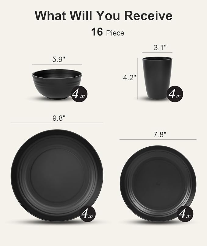 Quatish 16 Piece Plates and Bowls Sets for 4, Unbreakable Dinnerware Sets, Dish Set for Camping, Dishwasher Microwave Safe, Outdoor Kitchen and Apartment Dorm Dinning RV Essentials, Black