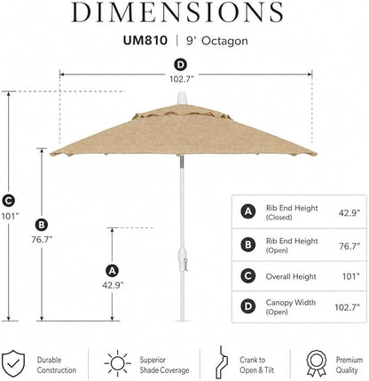 Treasure Garden 9ft Patio Umbrella - Outdoor Furniture Market Umbrella – Deluxe Auto-Tilt – White Aluminum Frame (Sunbrella, Antique Beige)