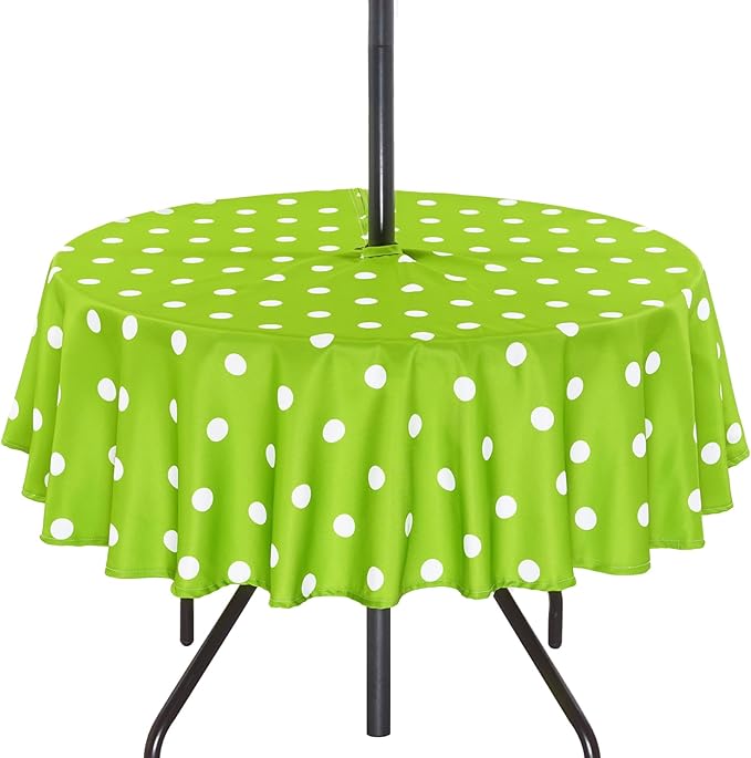 Poise3EHome 60 inches Outdoor/Indoor Waterproof Spillproof Round Tablecloth with Umbrella Hole Zipper for Camping Picnic Party Patio Table Spring, Green Polka Dot