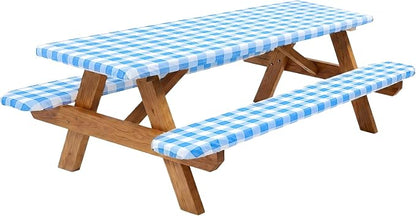 Poise3EHome Picnic Table Cover with Bench Covers, 6 Foot Fitted Elastic Tablecloth Set, Heavy Duty Polyester with TPU Waterproof Backing, Washable Outdoor Picnic Set for Camping, RV & Park(Blue&White)
