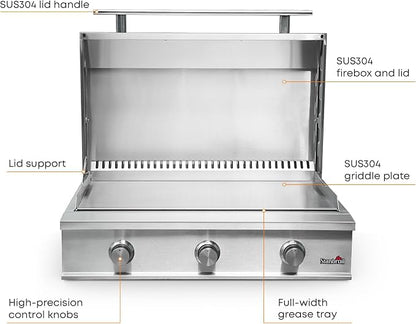 Stanbroil 36-Inch Built-In Gas Griddle for Outdoor Kitchen, Liquid Propane | 304 Stainless Steel Flat Top Grill, 3 Burners, 42,000 BTU, Removable Grease Tray, Hinged Lid, Independent Heat Control