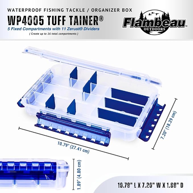 Flambeau Outdoors WP4005 Waterproof Tuff Tainer, 16 Compartments, Zerust | Waterproof tackle box, 5 fixed compartments plus 11 Zerust dividers for up to 16. O-ring seal, 10.79 x 7.2 x 1.89in