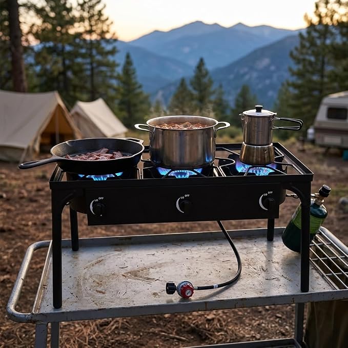 3-Burner Outdoor Cooker, 225,000 BTU High Pressure Cast Iron Burner for Camping and Backyard, Detachable Legs, Adjustabl