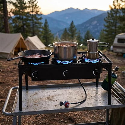3-Burner Outdoor Cooker, 225,000 BTU High Pressure Cast Iron Burner for Camping and Backyard, Detachable Legs, Adjustabl