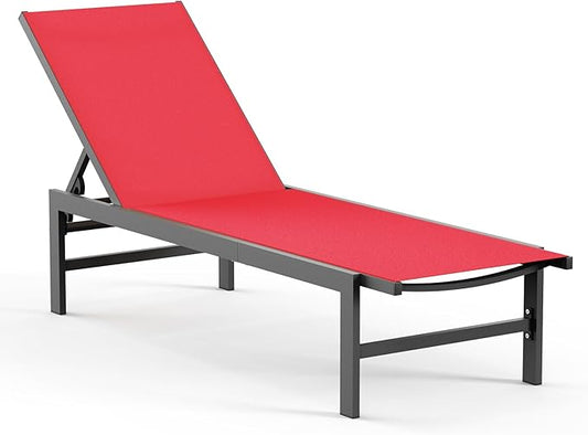 Vexwalx Outdoor Lounge Chair for Pool, Aluminum Chaise Lounge Chairs with 5-Position Recliner, Patio Lounge Chair for Backyard, Poolside, Deck, Lawn (Red)