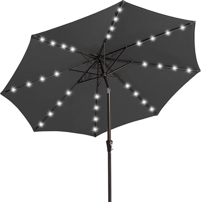 JEAREY 9FT Outdoor Patio Umbrella with Solar Lights, LED Lighted Pool Umbrella with Tilt and Crank, Outdoor Table Umbrellas for Deck, Yard & Market (Dark Gray)