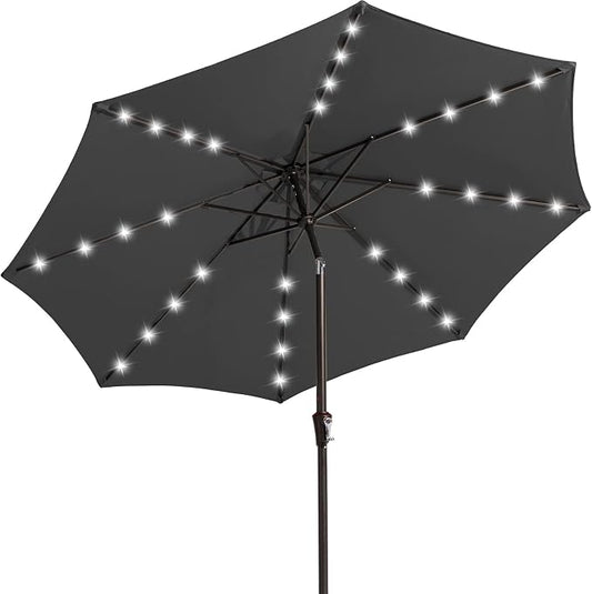 JEAREY 9FT Outdoor Patio Umbrella with Solar Lights, LED Lighted Pool Umbrella with Tilt and Crank, Outdoor Table Umbrellas for Deck, Yard & Market (Dark Gray)