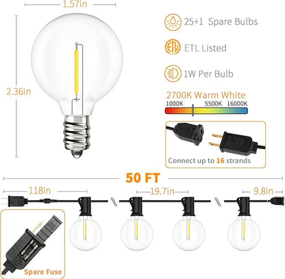 Svater Outdoor String Lights LED 50 FT G40 26 Bulbs Waterproof for Patio | Shatterproof Globe Bulbs, Dimmable, Plug-In, Outside Light for Backyard Bistro Cafe Party Warm White
