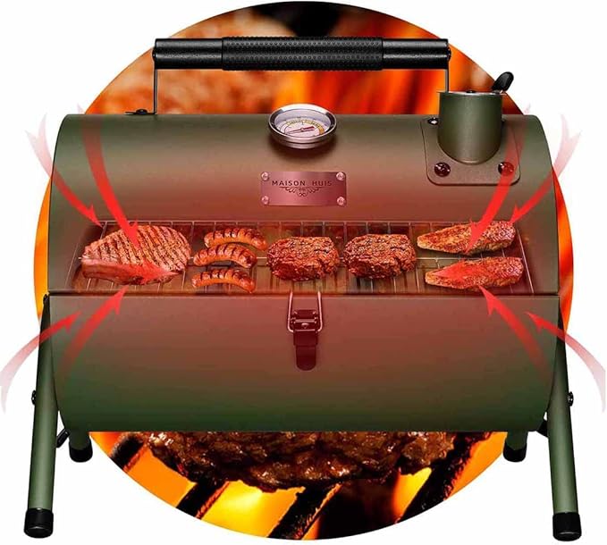 MAISON HUIS Small Charcoal Grill, Portable Tabletop BBQ Smoker for Outdoor Camping,Mini Grill with 9-Piece Stainless Steel Grill Tool Set for Tailgating Hiking Picnic (Green Kit)