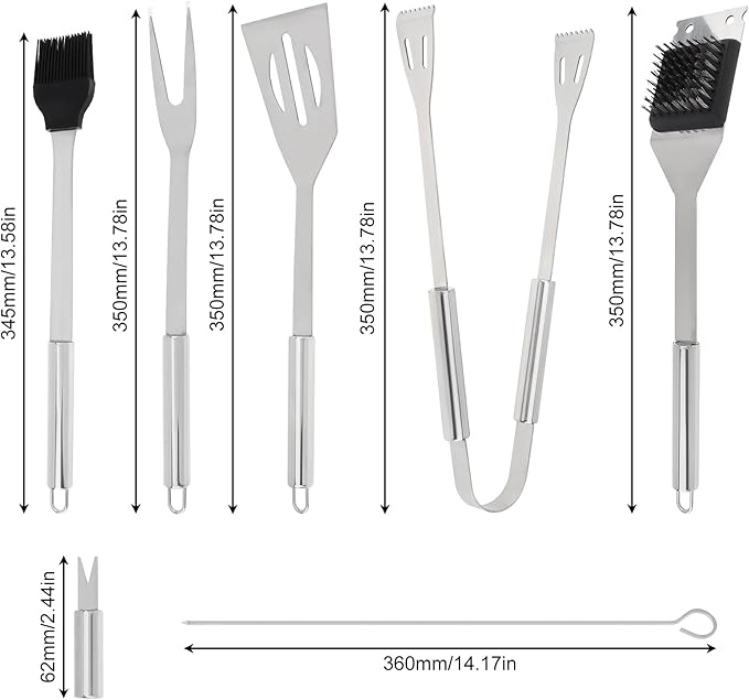20 Pcs Stainless Steel BBQ Grill Tools Set, Heavy Duty Outdoor Barbecue Utensils Kit with Spatula, Tongs, Fork, Skewers, Meat Thermometer & Storage Bag for Camping, Backyard, Picnic