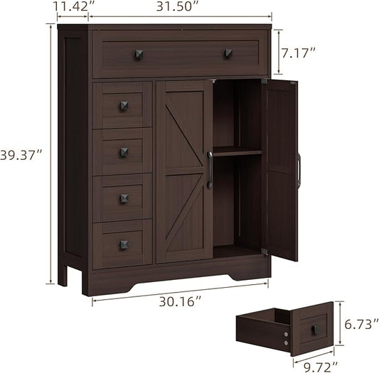 Vabches Farmhouse Storage Cabinet with 2 Doors and 5 Drawers, Freestanding Bathroom Cabinets Kitchen Pantry, Floor Storage Cabinet Hutch Cupboard for Living Room/Bathroom/Kitchen.（Espresso