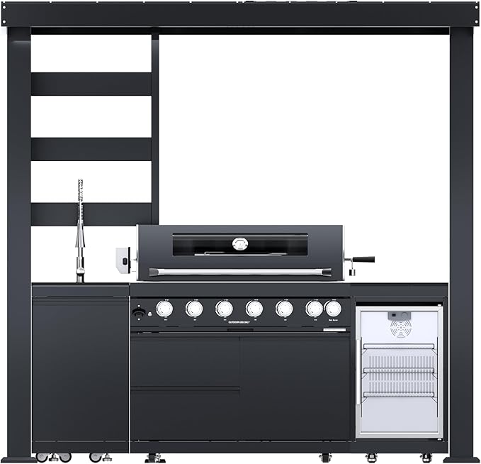 94-Inch 6-Burner 85000 BTU Propane Gas Grill Island with Shed, 304 Stainless Steel Black, Outdoor Kitchen with Wine Cooler, Rotisserie, Granite Countertops & Storage, For Backyard BBQ, Black