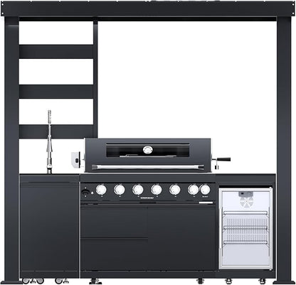 94-Inch 6-Burner 85000 BTU Propane Gas Grill Island with Shed, 304 Stainless Steel Black, Outdoor Kitchen with Wine Cooler, Rotisserie, Granite Countertops & Storage, For Backyard BBQ, Black