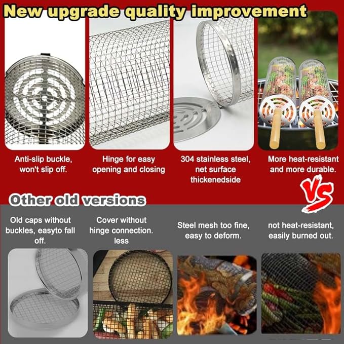 Nesting Rolling Grill Baskets 2PCS,304 Stainless Steel BBQ Tools with Removable Wooden Handle for Vegetables,Shrimp,Camping,Backyard,Outdoor Grilling Accessories,Grilling Gifts for Men