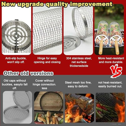Nesting Rolling Grill Baskets 2PCS,304 Stainless Steel BBQ Tools with Removable Wooden Handle for Vegetables,Shrimp,Camping,Backyard,Outdoor Grilling Accessories,Grilling Gifts for Men