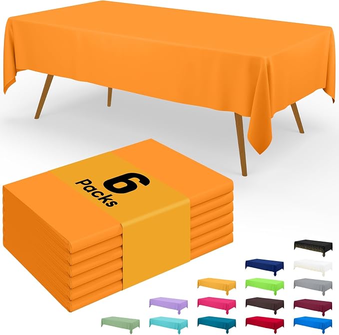 Smiry Disposable Table Cloth - 6 Pack, 54 x 72 Inch Waterproof Rectangle Tablecloths for Parties, Decorative Plastic Table Cover, Leakproof & Sturdy, Orange