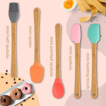 5 Piece Silicone Spatula,Mini Rubber Spatula Wooden Handle,Heat Resistant Silicone Spatula Set,Kitchen Utensils Non-Stick For Baking,Cooking And Mixing