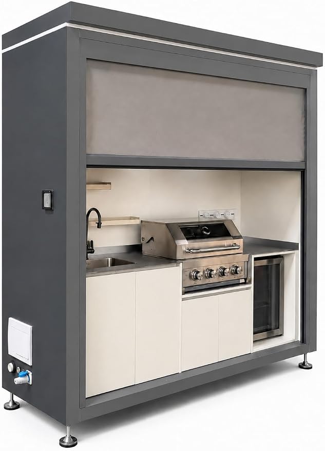 Sunnyjoy Modular Outdoor Kitchen, Premium Aluminum Cabinet System-3 | Standard edition with grill, sink & storage, durable weather-resistant design, includes roll-up set for protection