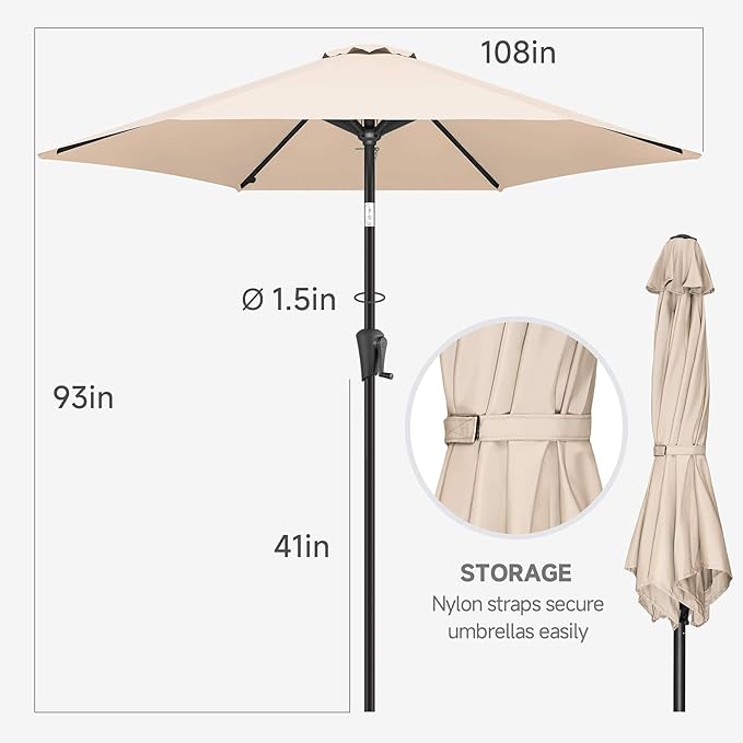 FLAME&SHADE 9ft Patio Umbrella Outdoor - Table Umbrella with Push Button Tilt and Crank, UV Protection, 6 Sturdy Ribs, Market Umbrella for Garden, Deck, Backyard, Lawn, Pool and Beach(Beige)