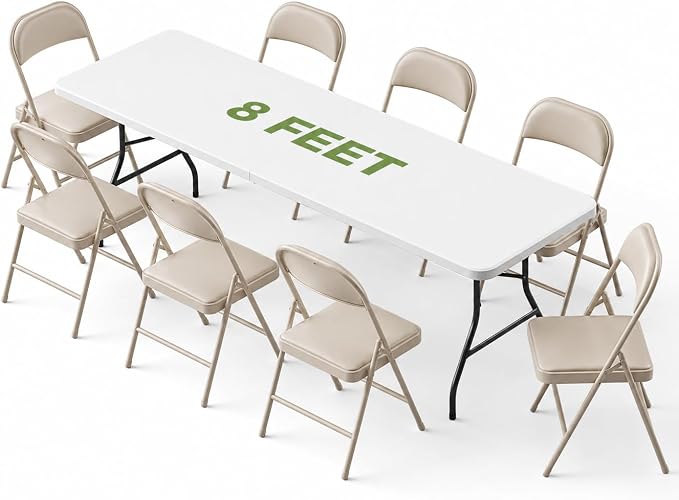 Folding Dining Table Set for 8, 8FT Foldable Plastic Table with Carrying Handle & 8 PU Leather Padded Folding Chairs, Portable Table and Chairs Set for Indoor Outdoor, Party, Wedding, Picnic, Camping