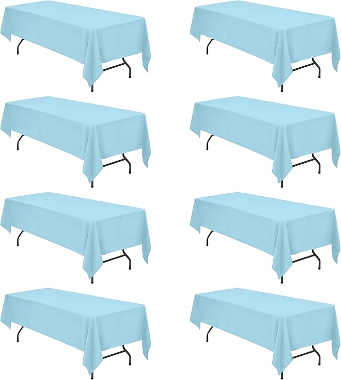 BRILLMAX 8 Pack Light Blue Tablecloths 60x126 Inch for 8ft Rectangle Tables | 150 GSM Polyester Fabric, 15" Standard Drop, Water, Stain & Wrinkle Resistant Cloth Cover for Wedding Reception Banquet Party