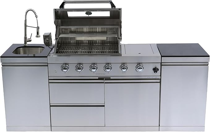 85" Natural Gas Outdoor Kitchen Island - 46-Inch 4-Burner 72,000 BTU Stainless Steel Grill Side B Rotisserie Granite Countertops Storage Cabinets&Drawers Stainless Steel Sink/Faucet,Silver