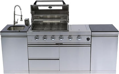 85" Natural Gas Outdoor Kitchen Island - 46-Inch 4-Burner 72,000 BTU Stainless Steel Grill Side B Rotisserie Granite Countertops Storage Cabinets&Drawers Stainless Steel Sink/Faucet,Silver